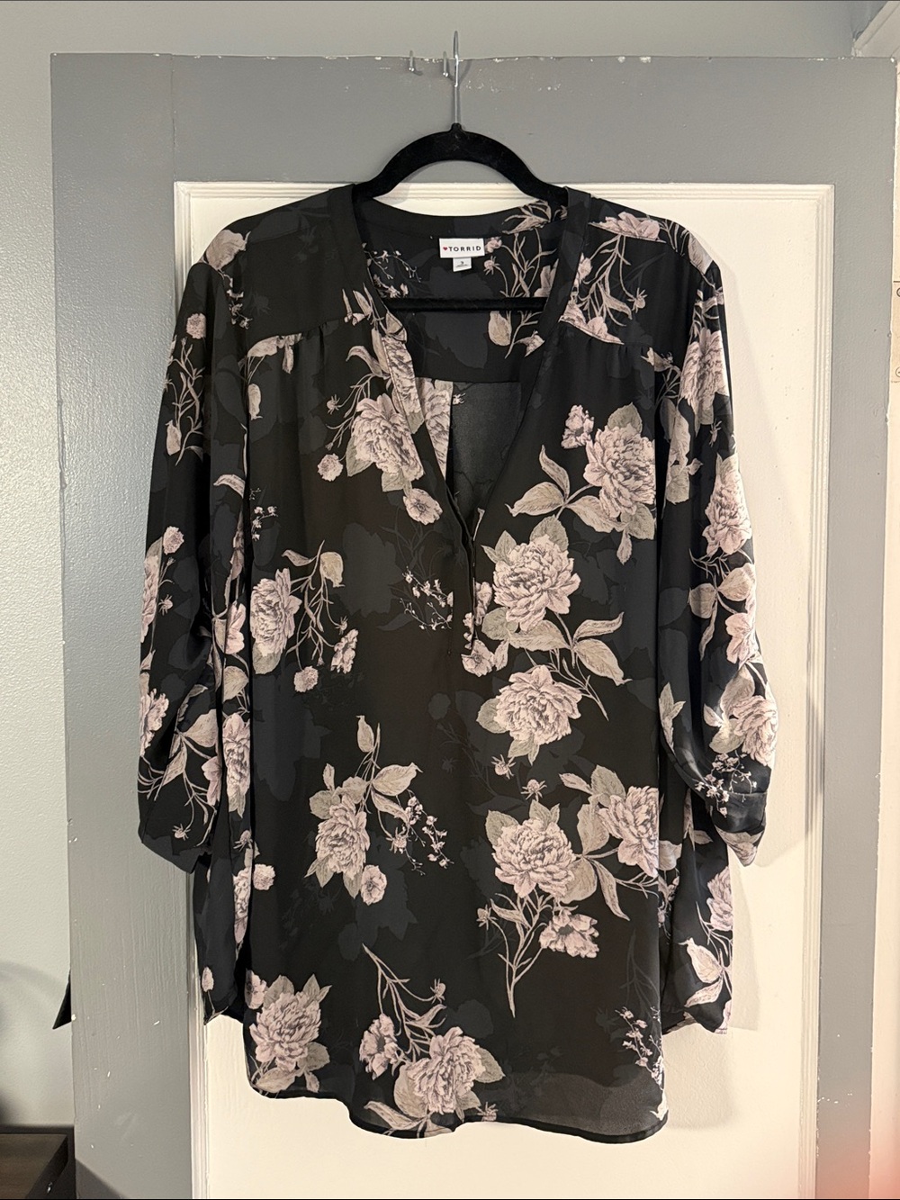 torrid Black Floral V-neck Blouse with Blooms - Never Worn